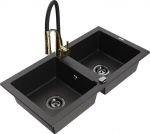 Granitinė virtuvinė plautuvė Mexen Mario su mai&scaron;ytuvu ir sifonu, Metallic black/silver+Black/Gold