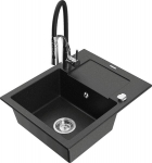Granitinė virtuvinė plautuvė Mexen Enzo su mai&scaron;ytuvu ir sifonu, Metallic black/silver+Black/Chrome