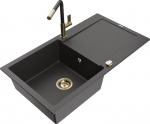 Granitinė virtuvinė plautuvė Mexen Leo su mai&scaron;ytuvu ir sifonu, Black granite+Black granite/Gold