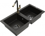 Granitinė virtuvinė plautuvė Mexen Mario su mai&scaron;ytuvu ir sifonu, Metallic black/gold+Black/Gold