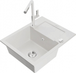 Granitinė virtuvinė plautuvė Mexen Enzo su mai&scaron;ytuvu ir sifonu, White+White/Chrome