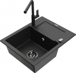 Granitinė virtuvinė plautuvė Mexen Enzo su mai&scaron;ytuvu ir sifonu, Metallic black/silver+Black