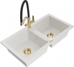 Granitinė virtuvinė plautuvė Mexen Mario su mai&scaron;ytuvu ir sifonu, White+Black/Gold
