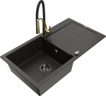 Granitinė virtuvinė plautuvė Mexen Leo su mai&scaron;ytuvu ir sifonu, Metallic black/gold+Black/Gold