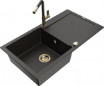 Granitinė virtuvinė plautuvė Mexen Leo su mai&scaron;ytuvu ir sifonu, Metallic black/gold+Black/Gold