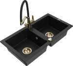 Granitinė virtuvinė plautuvė Mexen Mario su mai&scaron;ytuvu ir sifonu, Black+Black/Gold