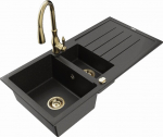 Granitinė virtuvinė plautuvė Mexen Andres su mai&scaron;ytuvu ir sifonu, Metallic black/gold