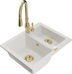 Granitinė virtuvinė plautuvė Mexen Carlos su mai&scaron;ytuvu ir sifonu, White/Gold