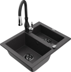 Granitinė virtuvinė plautuvė Mexen Carlos su mai&scaron;ytuvu ir sifonu, Black granite+Black