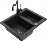 Granitinė virtuvinė plautuvė Mexen Carlos su mai&scaron;ytuvu ir sifonu, Metallic black/gold/black