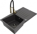 Granitinė virtuvinė plautuvė Mexen Cesar su mai&scaron;ytuvu ir sifonu, Black granite/Black/Gold