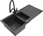 Granitinė virtuvinė plautuvė Mexen Andres su mai&scaron;ytuvu ir sifonu, Black granite/Black/Gold