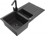 Granitinė virtuvinė plautuvė Mexen Matias su mai&scaron;ytuvu ir sifonu, Black granite/Black