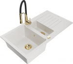 Granitinė virtuvinė plautuvė Mexen Matias su mai&scaron;ytuvu ir sifonu, White/Black/Gold