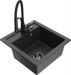 Granitinė virtuvinė plautuvė Mexen Vito su mai&scaron;ytuvu ir sifonu, Black granite/Black