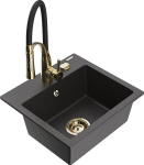Granitinė virtuvinė plautuvė Mexen Milo su mai&scaron;ytuvu ir sifonu, Black granite+Black/Gold