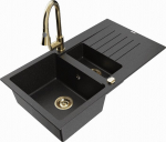 Granitinė virtuvinė plautuvė Mexen Matias su mai&scaron;ytuvu ir sifonu, Metallic black/Silver/Gold
