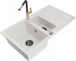 Granitinė virtuvinė plautuvė Mexen Matias su mai&scaron;ytuvu ir sifonu, White/Black/Gold