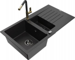 Granitinė virtuvinė plautuvė Mexen Matias su mai&scaron;ytuvu ir sifonu, Metallic black/silver/black/gold