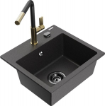 Granitinė virtuvinė plautuvė Mexen Milo su mai&scaron;ytuvu ir sifonu, Black granite+Black/Gold