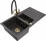 Granitinė virtuvinė plautuvė Mexen Matias su mai&scaron;ytuvu ir sifonu, Black granite/Black/Gold
