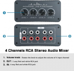 Tendak mini pasyvus stereo garso mik&scaron;eris 4 kanalų rca mini stereo mik&scaron;eris 4 įėjimai 1 i&scaron;ėjimas rca kairės/de&scaron;inės garso mik&scaron;eris su atskirais garso reguliatoriais instrumentams, kompiuteriui, cd grotuvui mai&scaron;yti