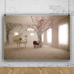 Yongfoto 2.5 x 1.8 m nuotraukų fonas, baltas pianinas, rožinės gėlės, medžiai, balta užuolaida, europinė archeologija, fotografijos fonas, fotosesija, portretinės nuotraukos, vakarėlis, vaikų foto studijos rekvizitai