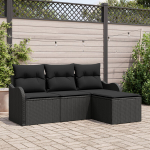 4 dalių sodo sofa komplektas su pagalvėmis Juoda Poli ratanas,2-vietė sodo sofa su saugojimu ir pagalvėmis Juoda Poli ratanas