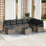 9 dalių sodo sofų komplektas su pagalvėmis, pilka poli ratanas,2 vietų sodo sofa su pagalvėmis, pilka poli ratanas