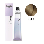Loreal Dia Light plaukų dažai dažytiems ir jautriems plaukams, toninis rūg&scaron;tinis dažymas, be amoniako, 50 ml 9.13 labai &scaron;viesus peleninio aukso blondinė spalva.