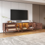 TV spintelė 180 cm, skirta iki 80 colių televizoriams, su rotango stalčiais ir LED, ruda, 1 vnt