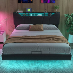 Lova 160&times;200 cm, LED ap&scaron;vietimas, hidraulinė pakėlimo sistema, reguliuojamas galvūgalis, juoda, PU