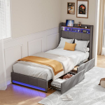 Viengulė lova 90x200 cm, su USB/C tipo sąsaja, LED ap&scaron;vietimu, 2 stalčiais, lininė, pilka