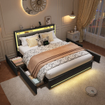Lova 140x190 cm su 4 stalčiais - su LED ir USB - lininė - pilka