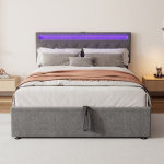 Lova 140&times;200 CM, su LED ap&scaron;vietimu ir USB sąsaja, reguliuojamas galvūgalis, hidrauliniu būdu pakeliamas lovos rėmas, pilka