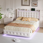 Lova 140x200cm su LED ir USB jungtimis - Plaukiojantis lovos rėmas - Aksominė - Smėlio spalvos