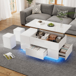 Sofos stalas su LED, kėlimo funkcija, 2 stalčiais, 2 taburetėmis, 100x50x45 cm