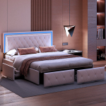 Lova 160x200 cm, dvigulė lova su LED galvūgaliu ir 4 stalčiais, reguliuojamo auk&scaron;čio galvūgalis, PU, ​​smėlio spalvos