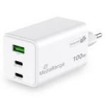 Mediarange Įkroviklis MRMA123, 100 W, 2xUSB-C, 1xUSB-A, 20 V, 3 įrenginiai, GaN, Quick Charge 3.0