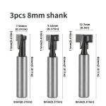 Karbido frezų rinkinys raktų skylutėms, 3 vnt., 8 mm kotas,  Juodas 8 mm kotas