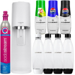 "SodaStream Terra White" vienas butelis + "SodaStream" buteliai 3x juodas 1 l saugiklis + sirupas "Sodastream Pepsi", "Pepsi max", 7UP