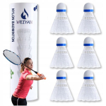 6x badmintono kamuoliukai, balti nailoniniai, skirti žaisti viduje ir lauke