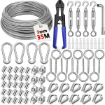 Nckihrkk 74 dalių nerūdijančio plieno trosų rinkinys, 35 m / 3 mm nerūdijančio plieno trosas su kilpomis, M5 trosų įtempiklis, įtempimo griebtuvas, trosų įtempimo rinkinys, plieninis trosas dengtas grotelėms vijokliniams augalams