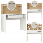 Howhomely toaletinis staliukas su apvaliu veidrodžiu Ocean, ąžuolo spalvos, baltas, stalčius, lentynos, talpus