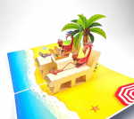 3D atvirukas Atogrąžų paplūdymys su flamingais, palme ir kokteiliais 1vnt, 13x18cm, su baltu voku