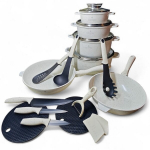 21 dalių puodų rinkinys su marmuriniu pavir&scaron;iumi, keptuvės su dangčiais ir priedai