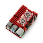 Raspberry Pi 4B aliumininis radiatorius su dviem ventiliatoriais - dėžutė raudonos spalvos