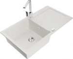 Granitinė virtuvinė plautuvė Mexen Leo su mai&scaron;ytuvu ir sifonu, White+Chrome