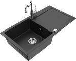 Granitinė virtuvinė plautuvė Mexen Leo su mai&scaron;ytuvu ir sifonu, Metallic black/silver+Chrome