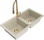 Granitinė virtuvinė plautuvė Mexen Mario su mai&scaron;ytuvu ir sifonu, Beige+Gold